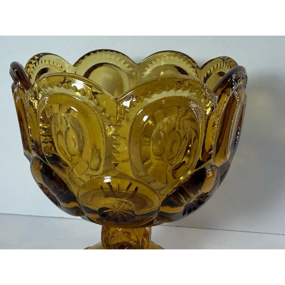 Vintage Amber Glass Moon and Stars Pedestal Candy Compote Scalloped Dish